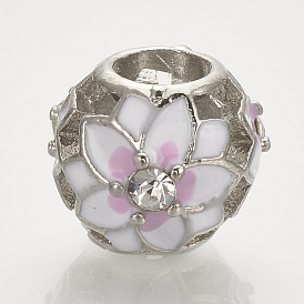 Alloy Enamel European Beads, with Rhinestones, Large Hole Beads, Hollow Barrel with Flower