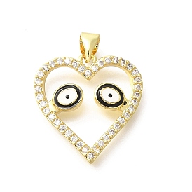 Brass Micro Pave Clear Cubic Zirconia Enamel Pendants, Heart with Eyes Charms