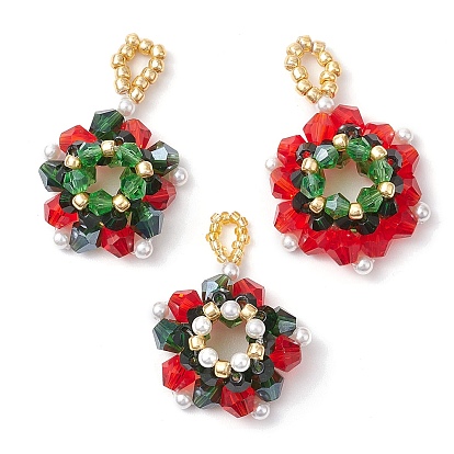 3шт. рождественские стеклянные подвески, с бисером и пластиковым жемчугом, Рождественский венок