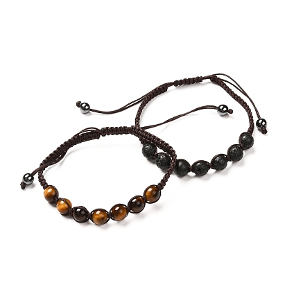 Stone Braided Bead Bracelets Set for Men Women, Natural Lava Rock & Natural Tiger Eye & Non-Magnetic Synthetic Hematite Bracelets