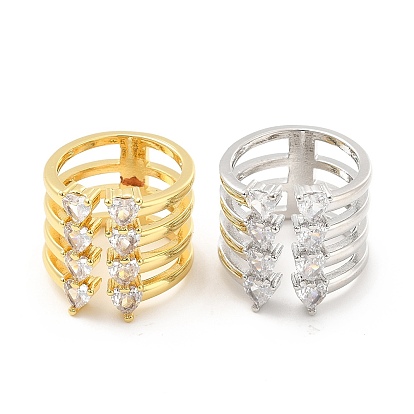 Clear Cubic Zirconia Open Cuff Ring, Rack Plating Brass Multi Line Wide Ring for Women, Cadmium Free & Lead Free