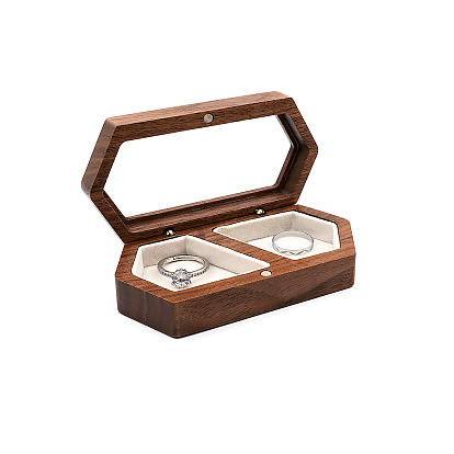 2-Slot Hexagon Walnut Wood Magnetic Wedding Ring Gift Case, Clear Window Jewelry Box with Velvet Inside, for Couple Rings