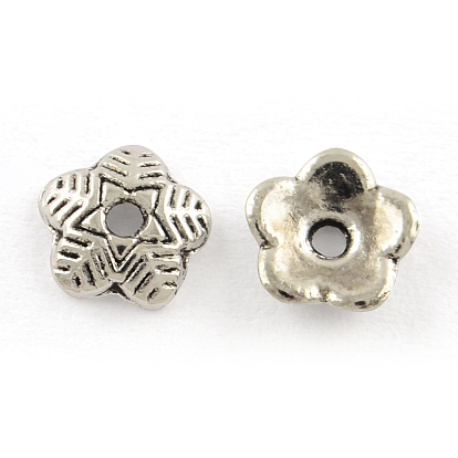5 -petal style tibétain bouchons en alliage de perles, sans cadmium et sans plomb, fleur, 6x1.5mm, trou: 1 mm, environ 8333 pcs / 1000 g