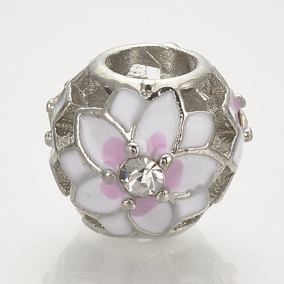 Alloy Enamel European Beads, with Rhinestones, Large Hole Beads, Hollow Barrel with Flower
