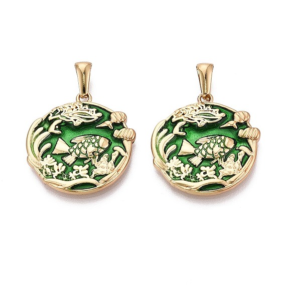 304 подвески из нержавеющей стали и эмали, плоский круглый с рыбными чарами, золотые
