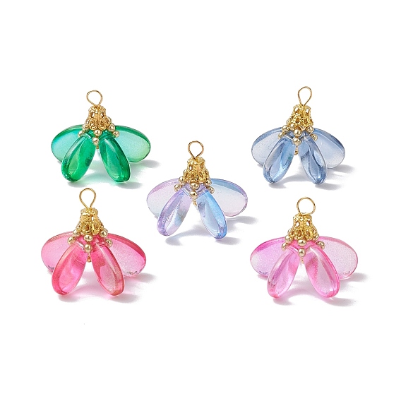 Окрашенные стеклянные подвески, цветок, с латунной петлей и железной фурнитурой