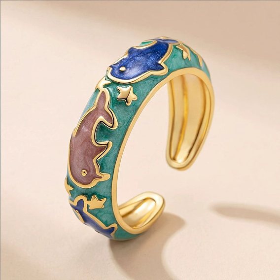 Brass Enamel Cuff Open Rings for Women, Dolphin Pattern, Golden