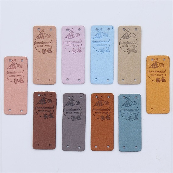 Microfiber Label Tags, with Holes & Word handmade & Bees, for DIY Jeans, Bags, Shoes, Hat Accessories, Rectangle