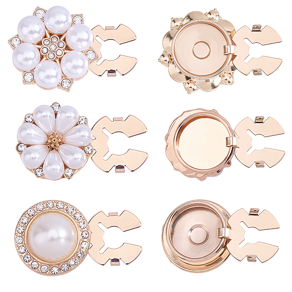 6Pcs 3 Styles Flat Round & Flower Alloy Resin Cufflinks, Shawls and Capes Buckles, for Garment Accessories, with Rhinestone