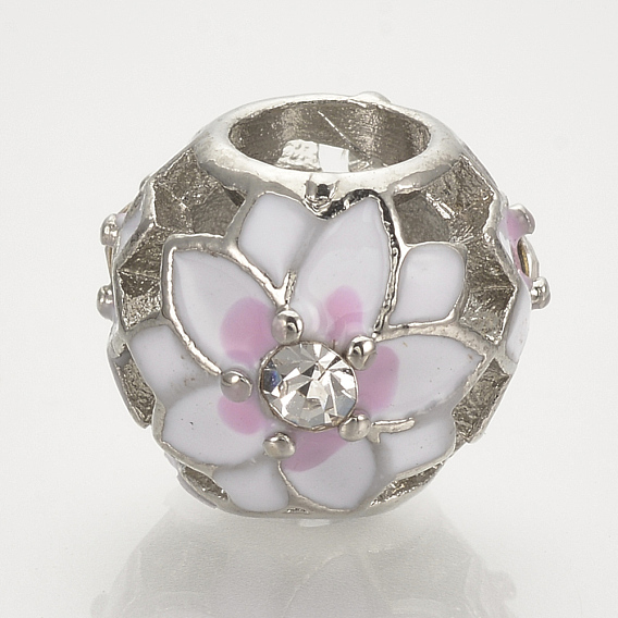 Legierung Schmelz europäischen Perlen, mit Strass-Steinen, Großloch perlen, Hohlfass mit Blume