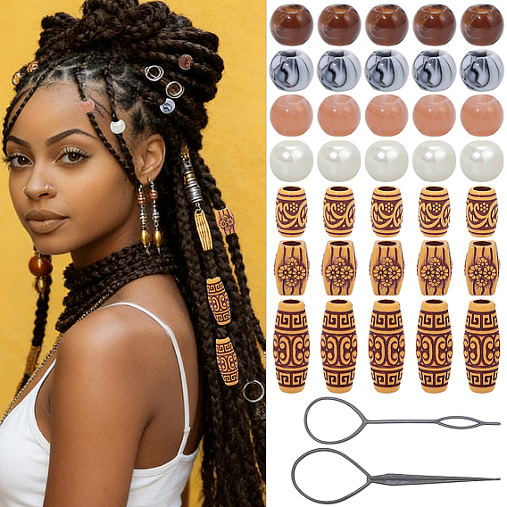 1Bag Plastic Hair Braiding Tool, Hair Braider Hair Twist Tool Kit and Combs, for Hair Styling Accessories, with Acrylic Beads and Wood Beads