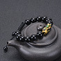 12mm Six-Word Mantra Pixiu Bracelet with Black Obsidian Beads and Glass Beads, Buddhist Prayer Gift