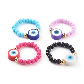 Stretch Finger Rings, with Opaque Acrylic Beads, Polymer Clay Evil Eye Beads and Brass Round Beads