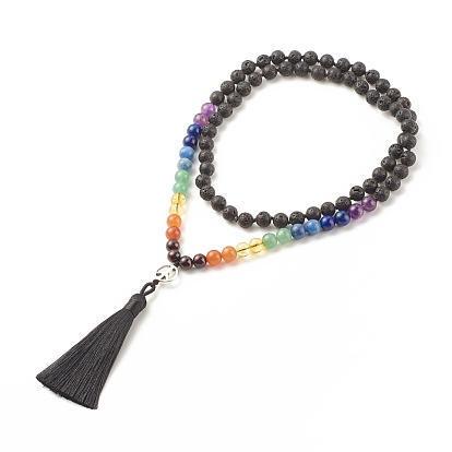 7 collier bouddhiste chakra, Collier de perles rondes en pierres précieuses mélangées naturelles et synthétiques avec signe de paix en alliage et gros pompon pour femme