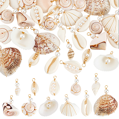 44 шт. 11 стили подвески из натуральных смешанных ракушек и жемчуга, подвески в форме ракушек с медной проволокой в обертке, цвет морской раковины