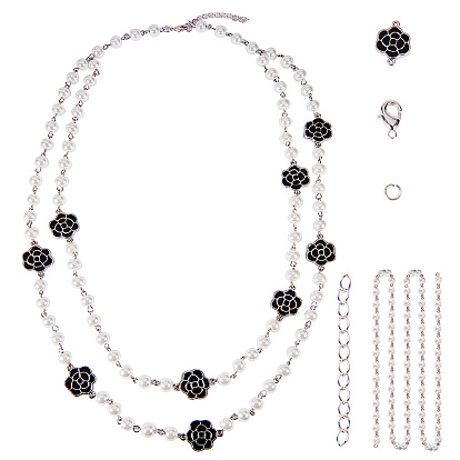 DIY Necklaces Making, with Handmade Glass Pearl Beaded Chains for Necklaces/Bracelets Making, Platinum Tone Alloy Enamel Rose Flower Links and Brass Lobster Claw Clasps