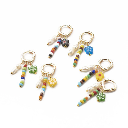 Boucles d'oreilles pendantes en perles de verre et perles naturelles, boucles d'oreilles fleur millefiori perles de verre pour femme, or