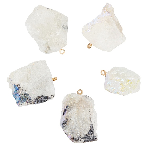 5Pcs Electroplate Natural Moonstone Pendants, with Golden Tone Brass Findings, Nuggets