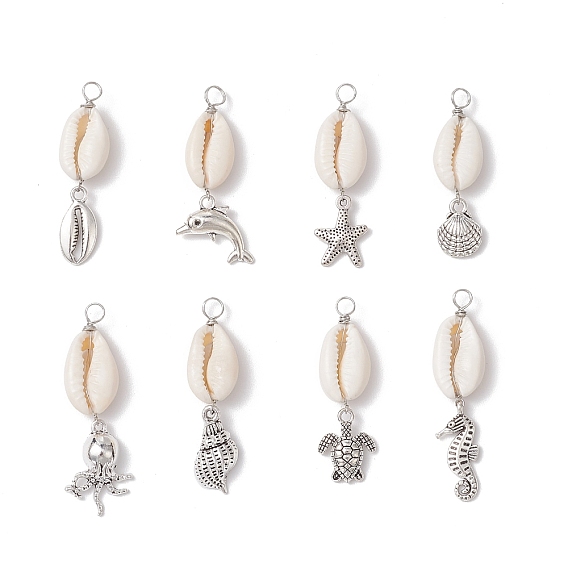 8 шт. 8 стили подвески из натуральной ракушки каури и сплава в виде морских животных, морские подвески с петлями из медной проволоки