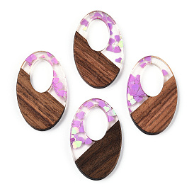 Pendentifs en bois de résine et de noyer, charms ovales avec paillettes