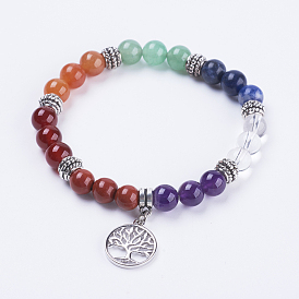 Bracelets élastiques de pierres précieuses naturelles, avec des alliages et des pendentifs en laiton, plat et circulaire avec arbre de vie