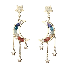 Chakra Moon Copper Wire Wrapped Gemstone Stud Earring, Star 201 Stainless Steel Dangle Earrings for Women