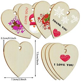 Heart Unfinished Cutouts Wooden Decoration, Craft Blank Wooden Ornament for Christmas Party DIY Decor Supplies, with Hemp Ropes