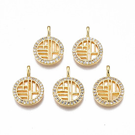 Brass Micro Pave Clear Cubic Zirconia Pendants, with White Sea Shell, Nickel Free, Flat Round