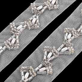 Polyester Leaf Lace Trims, with ABS Imitation Pearl Beads and Glass