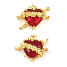 Breloques de connexion en laiton et verre facetté, Sacré-Cœur avec roses et épées, plaqué longue durée, crémaillère plaquage, sans cadmium et sans plomb, or