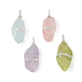 Electroplated Natural Quartz Crystal Pendants, Nuggets Charms with Copper Wire Wrapped, Silver Color Plated