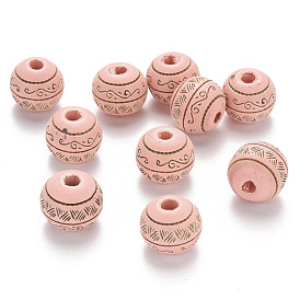 Painted Natural Wood Beads, Laser Engraved Pattern, Round with Leave Pattern