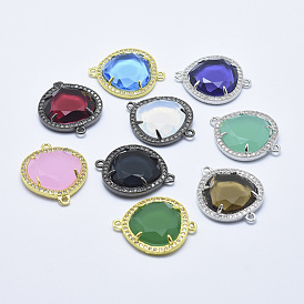 Brass Micro Pave Cubic Zirconia Links, with Glass, Faceted, Drop