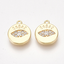 Brass Cubic Zirconia Charms, Nickel Free, Real 18K Gold Plated, Flat Round with Eye, Clear