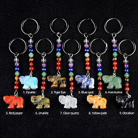 Gemstone Keychain, with Quartz Crystal, Amethyst, Lapis, Aventurine, Red Agate, Red Jasper, Elephant