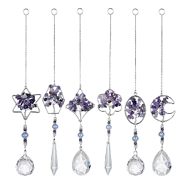 Wire Wrapped Natural Amethyst Chip Tree of Life Pendant Decorations, with Metal Finding and Glass Pendant