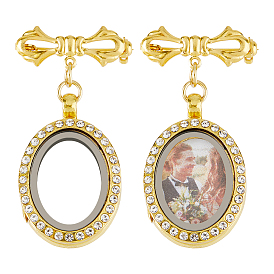 Латуни брошь, с подвесками-медальонами из сплава со стразами и магнитным стеклом, овальные