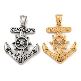 304 Stainless Steel Pendants, with Crystal Rhinestone, Anchor with Helm Charm