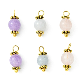 Natural Mixed Gemstone Round Charms, with Antique Golden Plated Alloy Daisy Spacer Beads and Brass Loops
