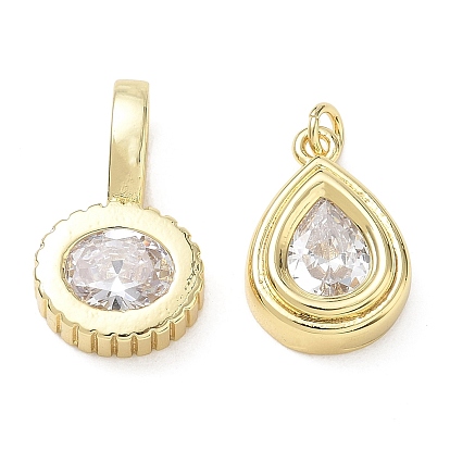 Pendentifs en zircone cubique clair en laiton, Breloques en forme de larme/rondes plates, plaqué longue durée, crémaillère plaquage, sans plomb et sans cadmium