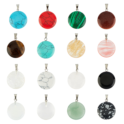 Synthetic Gemstone & K9 Glass Pendants, with Platinum Tone Brass Bails, Flat Round