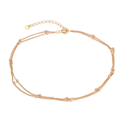 Brass Curb Chains Double Layer Necklaces, with Heart 304 Stainless Steel Charms, Brass Round Beads and Spring Ring Clasps