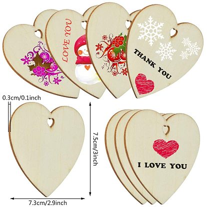 Heart Unfinished Cutouts Wooden Decoration, Craft Blank Wooden Ornament for Christmas Party DIY Decor Supplies, with Hemp Ropes