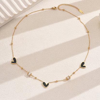 Женские цепочки-колонны из нержавеющей стали с прозрачным кубическим цирконием и имитацией ракушек в форме черного сердца