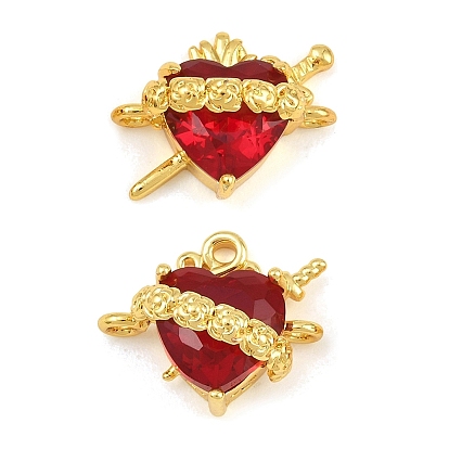 Breloques de connexion en laiton et verre facetté, Sacré-Cœur avec roses et épées, plaqué longue durée, crémaillère plaquage, sans cadmium et sans plomb, or