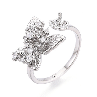 Оправы для колец-манжет из латуни с микропаве из прозрачного кубического циркония, за половину пробурено бисера