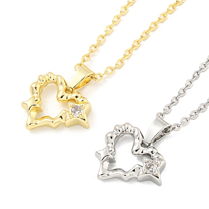 Brass Micro Pave Clear Cubic Zirconia Pendant Necklaces, Cable Chain, Heart