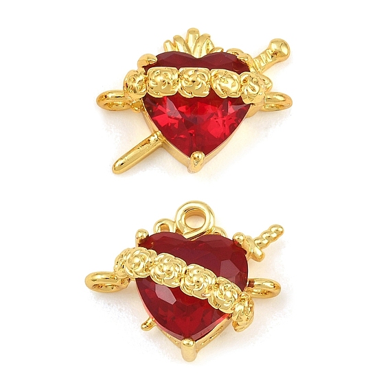 Brass & Faceted Glass Connector Charms, Sacred Heart with Roses & Sword Links, Long-Lasting Plated, Rack Plating, Cadmium Free & Lead Free, Golden