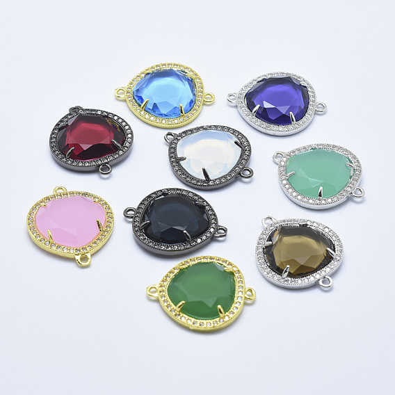 Brass Micro Pave Cubic Zirconia Links, with Glass, Faceted, Drop