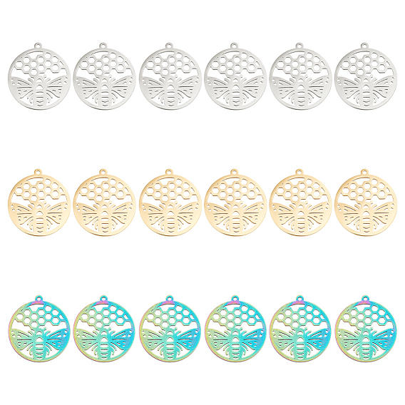 18шт. 3 цвета 304 подвеска из нержавеющей стали, полые прелести, плоские круглые с пчелой